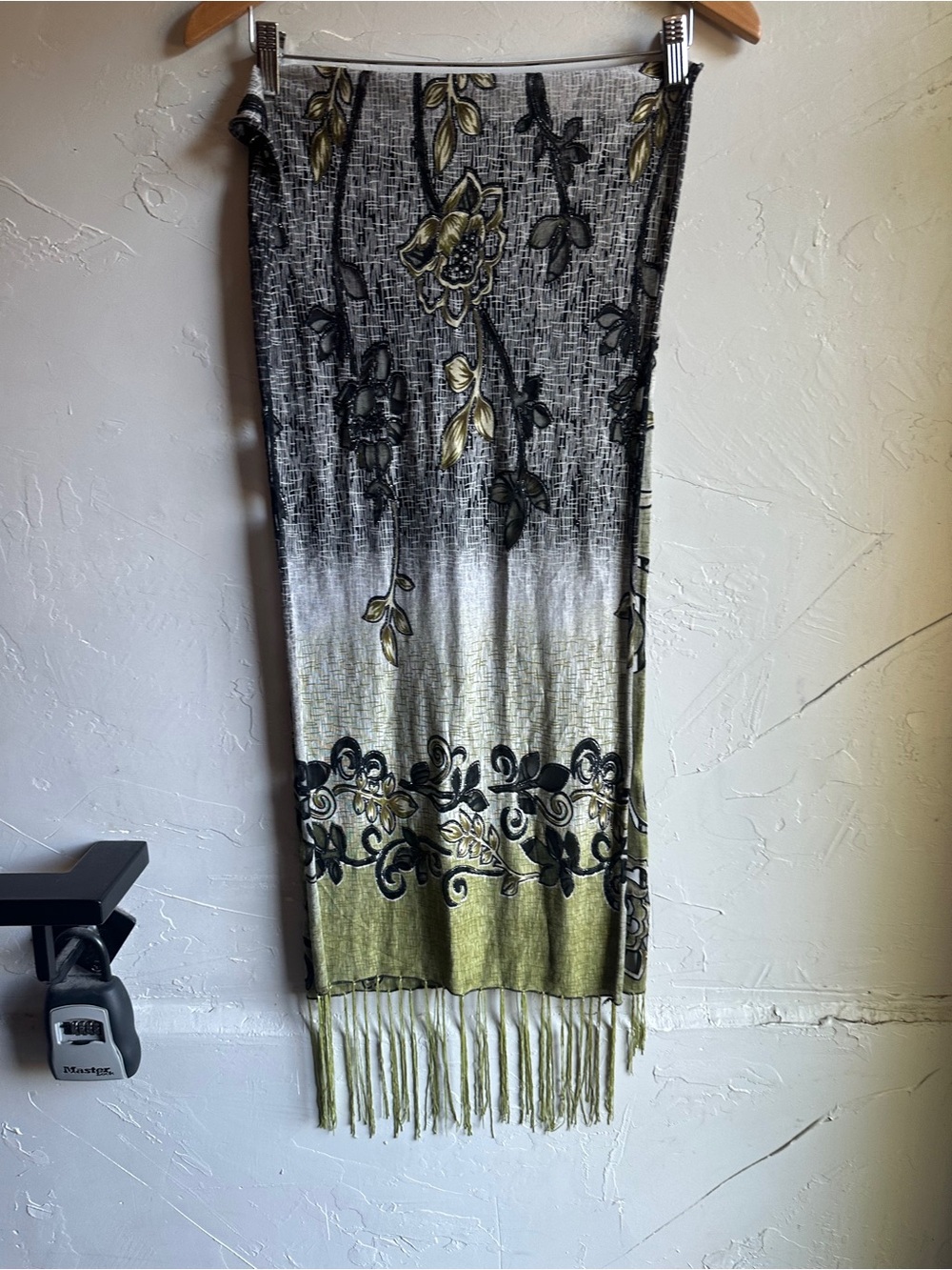 Floral Mesh Cutout Fringe Scarf Boho Artsy Black Olive Sheer Shawl 64x17